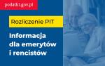 Po lewej stronie na górze napis: podatki.gov.pl. Następnie poniżej napis: Rozliczenia PIT - Informacja dla emerytów i rencistów. Po prawej stronie para starszych ludzi patrzących w ekran laptopa.